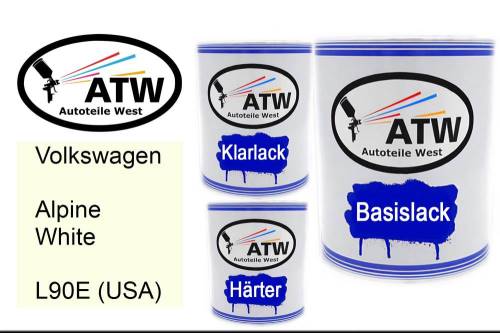 Volkswagen, Alpine White, L90E (USA): 1L Lackdose + 1L Klarlack + 500ml Härter - Set, von ATW Autoteile West.